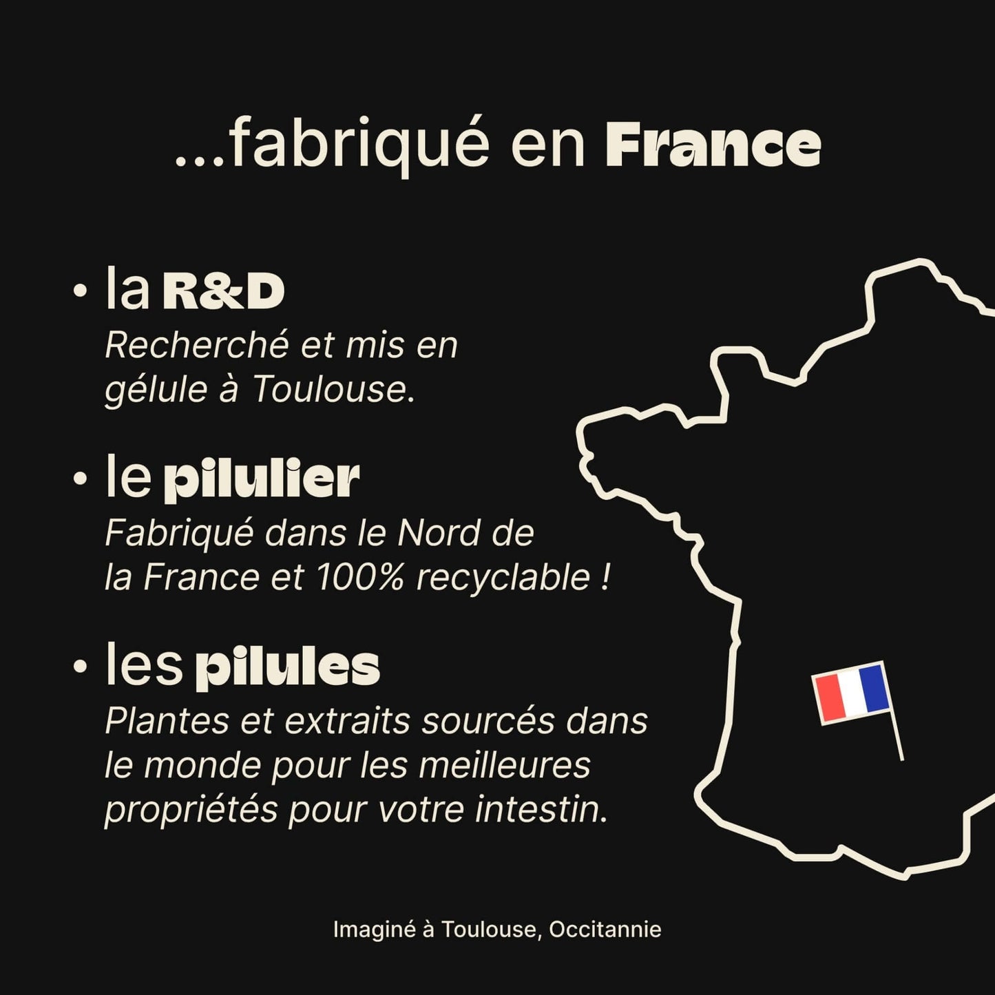 Image présentant la fabrication de produits naturels en France, mettant en avant la R&D à Toulouse et les emballages recyclables.